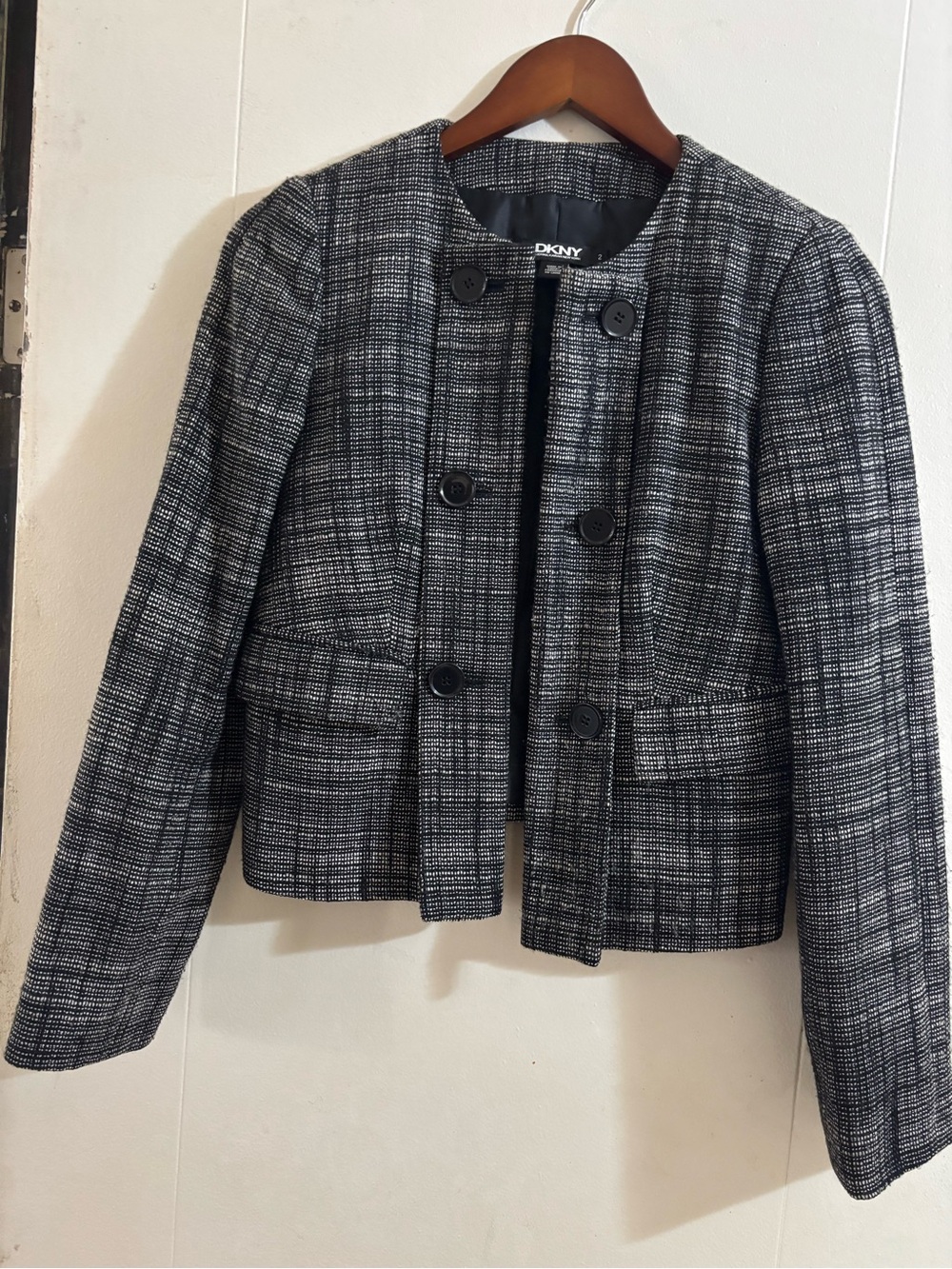 DKNY Black and White Tweed Double-Breasted Blazer